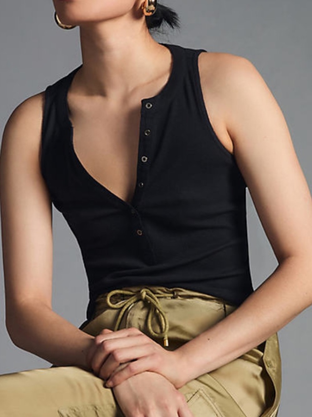 Pilcro Black Ribbed Sleeveless Henley Top